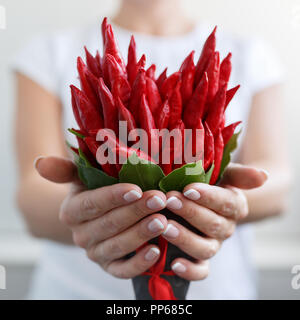 Mädchen gibt einen kleinen Blumenstrauß aus roten Peperoni in Form eines Herzens Stockfoto