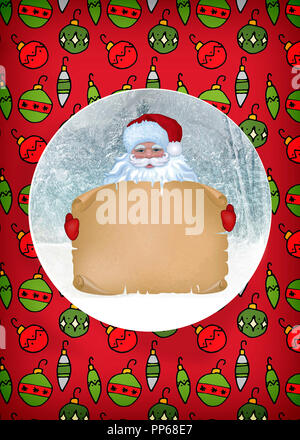 Weihnachten und Neujahr Karte mit dem Bild des Santa Claus und Weihnachtsschmuck auf einem roten Hintergrund. Stockfoto