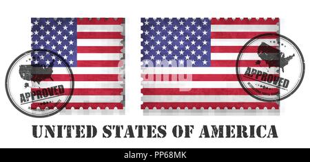 Amerika oder american flag Muster Briefmarke mit Grunge alten Kratzer Textur und bringen Sie die Dichtung am isolierten Hintergrund. Farbe schwarz Land Name mit Stock Vektor
