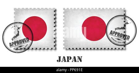 Japan oder japanischer Flagge Muster Briefmarke mit Grunge alten Kratzer Textur und bringen Sie die Dichtung am isolierten Hintergrund. Farbe schwarz Land Name mit einer Stock Vektor