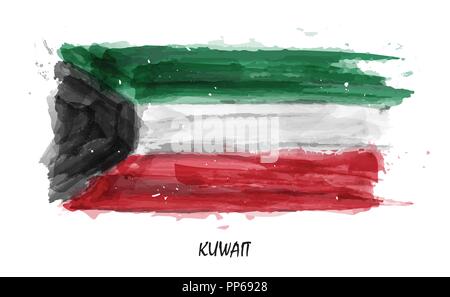 Realistische Aquarellmalerei Flagge Kuwait. Vektor. (Nicht Auto trace. Verwenden Sie aquarell Pinsel). Stock Vektor