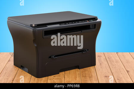 Multifunktionsdrucker MFP auf dem hölzernen Tisch, 3D-Rendering Stockfoto