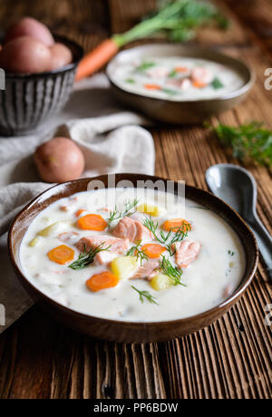 Lohikeitto - traditionelle Finnische lachs Suppe mit Kartoffeln, Karotten und Dill Stockfoto