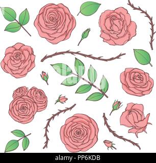 Vektor einrichten von rosa Blüten und Knospen, Blätter und dornigen Stiele line Art auf weißem Hintergrund. Hand floral Sammlung von Vintage gezeichnet Stock Vektor