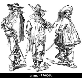 Alter des 30-jährigen Krieges (1600-1650), links und Mitte: Messieurs à la mode, 1629, Rechts: 1630-1640, anonym 1896 Stockfoto