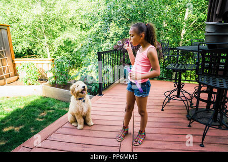 Tween Mädchen bläst Seifenblasen mit Labradoodle Welpen im Hinterhof Stockfoto
