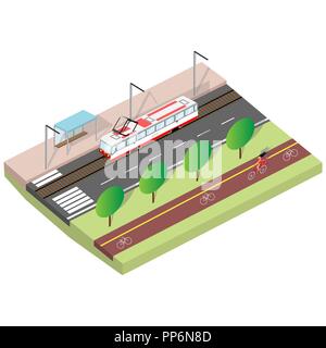 Stadtbild mit einer Straßenbahn in einer isometrischen Ansicht Stock Vektor