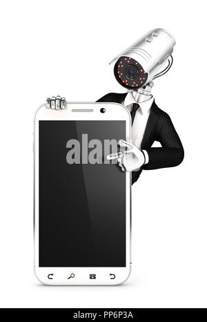 3d-Security Agent mit Kamerakopf auf leere Smartphone, Illustration mit isolierten weißen Hintergrund Stockfoto