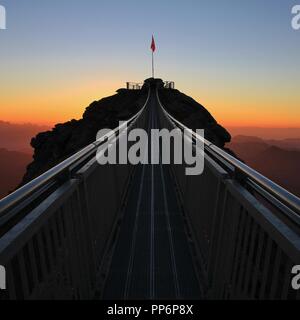 Treppe in den Himmel. Hängebrücke zwischen zwei Berggipfeln. Glacier 3000, Schweiz. Stockfoto