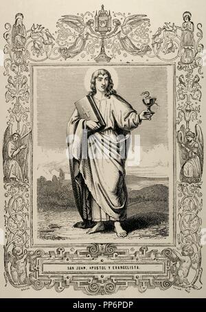 Johannes der Evangelist. Einer der zwölf Apostel Jesu. Traditionell wird er als Autor des Evangeliums von John identifiziert. Er ist auch als Johannes von Patmos, Johannes der Apostel und der geliebte Jünger bekannt. Kupferstich von Capuz' Ano Cristiano', 1853. Stockfoto