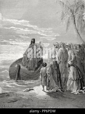 Neuen Testament. Jesus predigte in der See von Galiläa. Evangelium des Lukas, Kapitel 4, Verse 1-3. Gustave Dore Zeichnung. Kupferstich von Hildebrand. 19. Stockfoto