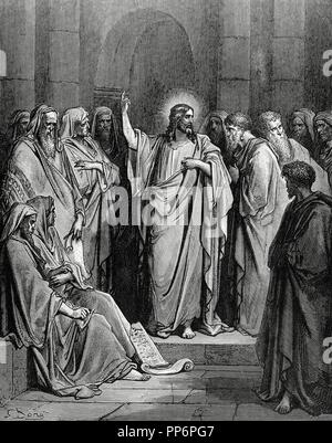 Neuen Testaments. Jesus in der Synagoge. Evangelium des Lukas, Kapitel IV, Vers 16-21. Gustave Dore zeichnen. Gravur. des 19. Jahrhunderts. Stockfoto