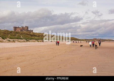 Männer und Frauen entlang der Strand von Bamburgh Northumberland, England Großbritannien mit Bamburgh Castle in den Boden zurück Stockfoto