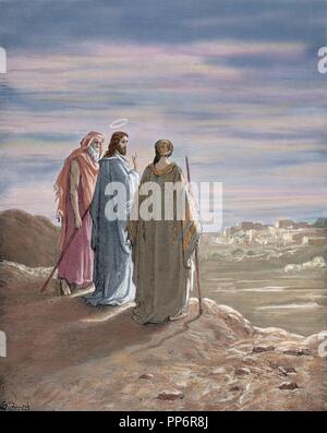 Neuen Testament. Evangelium des Lukas. Kapitel XXIV. Jesus und die Jünger von Emmaus. Zeichnung von Gustave Dore. Kupferstich von Pannemaker. 19. Gefärbt. Stockfoto