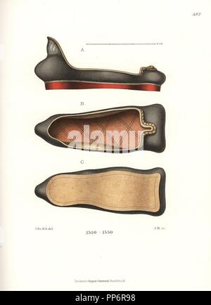 Rechten Schuh aus ein paar für die Heiligen Römischen Kaiser Matthias II., erste Hälfte des 16. Jahrhunderts. Leder squared-toed Schuh mit einem schwarzen oberen, braun, innen, und rote Sohle. Von Hefner-Alteneck Chromolithograph's 'Kostüme, Kunstwerke und Geräte vom Mittelalter bis in das 17. Jahrhundert", Frankfurt, 1889. Illustration von Dr. Jakob Heinrich von Hefner-Alteneck, Lithographiert von J.M. Dr. Hefner-Alteneck (1811 - 1903) war eine Deutsche, die die Kuratorin des Museums, Archäologe, Kunsthistoriker, Zeichner und Kupferstecher. Stockfoto