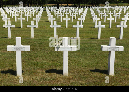 Gräber von französischen Soldaten während des Ersten Weltkrieges an der Plivot National Cemetery (Nécropole Nationale de la Ferme de Plivot) in der Nähe von plivot in der Region Marne im Nordosten Frankreichs. Über 8.000 französische Soldaten 1914-1918 im Ersten Weltkrieg gefallen sind auf dem Friedhof begraben. Stockfoto