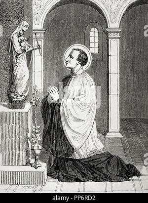 St. Aloysius Gonzaga (1568-1591). Italienischer Jesuit. Kupferstich von Castello. Christian Jahre, 1852. Stockfoto