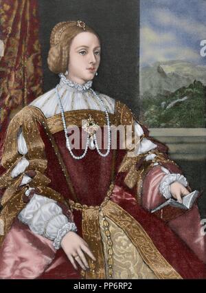 Isabella von Portugal (1503-1539). Königin von Spanien und Kaiserin von Deutschland. Gravur nach einem Gemälde von Tizian, das von Al Dauvergne. Die künstlerische Abbildung: 1902. Gefärbt. Stockfoto