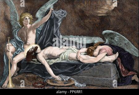 Jesus von Nazareth, der Messias, der im Grab. Kupferstich von Ecosse der iberischen Abbildung, 1885. Farbige. Stockfoto