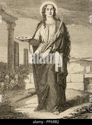 St. Lucia von Syrakus (283-304). Christlicher Märtyrer. Kupferstich von Tord. Christian Jahr, 1853. Stockfoto