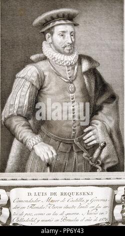 LUIS DE REQUESENS Y ZUÑIGA. MILITAR Y POLITISCH ESPAÑOL. 1528 - 1576. GRABADO RETRATO DE'VARONES ILUSTRES". CALCOGRAFIA NACIONAL. MADRID. Stockfoto