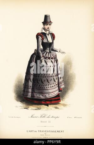 Junge Frau, Herrschaft von König Heinrich III. von Frankreich, aus dem 16. Jahrhundert. Sie trägt einen hohen Hut, Oberteil mit Puffärmeln, Rock mit geprägtem godrons und Schrägstriche, Seide Unterrock. Papierkörbe Lithografie nach einem Entwurf von Leon Sault von 'L'Art du Travestissement" (Die Kunst des Fancy Dress), Paris, c 1880. Sault war ein Theater und Oper designer und Luxus Mode Magazin Verlag. Stockfoto