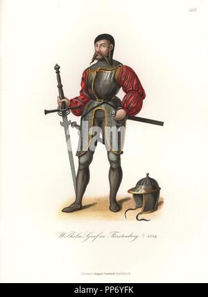 Portrait von Wilhelm IV., Graf von Furstenberg, 1491-1549. Er trägt eine schwarze Leder Haube (abgenutzte unter dem Helm) und Cuirass und cuisses in Stahl mit Messing. Unter der Rüstung ist ein kettenhemd Tunika und rotem Samt Wams. Er hat eine beidhändige Schwert, Schwert und Dolch. Eine ungewöhnliche Helm auf dem Boden liegt. Von Hefner-Alteneck Chromolithograph's 'Kostüme, Kunstwerke und Geräte vom Mittelalter bis in das 17. Jahrhundert", Frankfurt, 1889. Dr. Jakob Heinrich von Hefner-Alteneck (1811-1903) war eine Deutsche, die die Kuratorin des Museums, Archäologe, Kunsthistoriker, Zeichner und Kupferstecher. Stockfoto