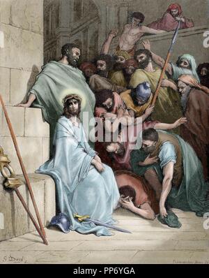 Neuen Testaments. Evangelium des Matthäus. Kapitel XXVII. Jesus beleidigt. Gustave Dore Zeichnung. Kupferstich von Pannemaker. Farbige. Stockfoto
