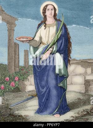 St. Lucia von Syrakus (283-304). Christlicher Märtyrer. Kupferstich von Tord. Christian Jahr, 1853. Farbige. Stockfoto