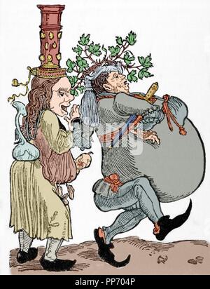 Martin Luther (1483-1546). Deutscher Reformator. Karikatur von Martin Luther und seine Frau Katharina von Bora (1499-1552). Geschichte von Frankreich, 1881. Farbige Gravur. Stockfoto