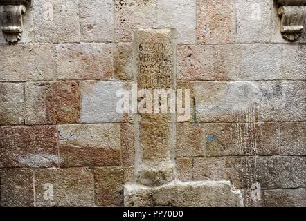 Israel. Jerusalem. Via Dolorosa. Alte Stadt. Inschrift, dass der Ort der Begegnung zwischen Jesus und Veronica, die Frau, die mit einem Taschentuch das Antlitz Jesu abgewischt. Stockfoto