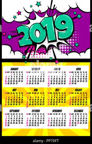 2019 retro super hero Kalender pop art Stock Vektor