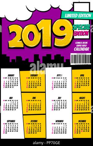 2019 retro super hero Kalender pop art Stock Vektor