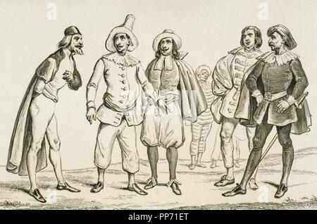 Italien. Commedia dell. Kostüme. 16. Jahrhundert. Gravur. Stockfoto