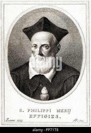 San Felipe Neri (1515-1595), apóstol de Roma, fundador del Oratorium Italiano. Grabado de 1800. Stockfoto