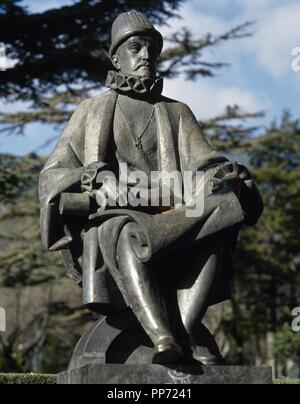 FELIPE II (Valladolid, 1527 - El Escorial, 1598). Rey de España y Portugal (1556-1598) (1580-1598). Hijo de Carlos I. Monumento dedicado al Monarca, mandado erigir por Luis Carrero Blanco, siendo Presidente del Patrimonio Nacional, en el año 1974. SAN LORENZO DE EL ESCORIAL. Comunidad de Madrid. España. Stockfoto