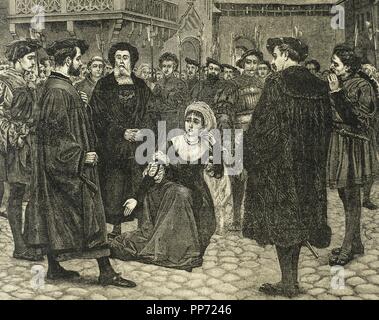 Anne Boleyn (1507-1536), Königin von England (1533-1536) als die zweite Frau von Heinrich VIII., führte zum Galgen durch Enthauptung, nachdem er von ihrem Ehemann von Verrat und Untreue beschuldigt ausgeführt werden. Gravur. des 19. Jahrhunderts. Stockfoto