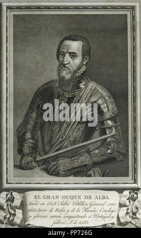 Fernando Alvarez de Toledo y Pimentel (1507-1582). 3. Herzog von Alba. Gouverneur von Mailand, Vizekönig von Neapel, Gouverneur der Niederlande und 1. Vizekönig von Portugal und den Algarven. Gravur. Porträt. Stockfoto