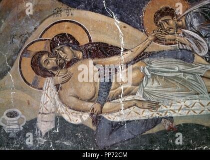 Republik von Mazedonien. Gorno Nerezi. Kirche St. Pantaleon. 12. Jahrhundert byzantinisch. Unter freiem Himmel. Pieta. Stockfoto