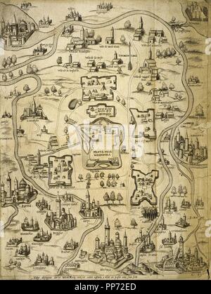 Italien. Städte in Bologna, Venedig, Modena, Ferrara, Mantua und Parma. Italienische Gravur. Karte. 16. Jahrhundert. Stockfoto