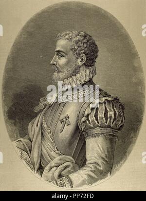 Alonso de Ercilla (1533-1594). Spanischer Adliger, Soldat und epischen Dichter. Porträt. Kupferstich von Capuz. des 19. Jahrhunderts. Stockfoto