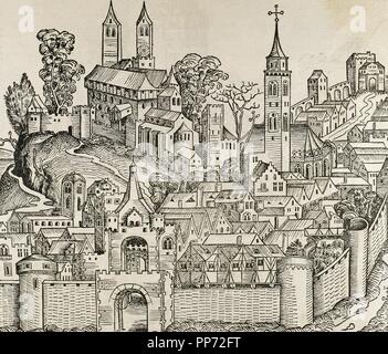 Italien. Perugia. Die Stadt im 16. Jahrhundert. Gravur. Stockfoto