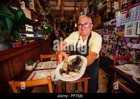 Calamar fresco en su Tinta, Plato tipico Mallorquinischen, Bodega kann Barahona, - können Manolo -, Ses Salines, Comarca de Migjorn, Mallorca, Balearen, Spanien. Stockfoto