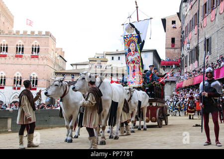 Siena, Siena, Italien. 16 Aug, 2018. Die historische Parade passende während der Pferderennen. Jockey Giuseppe Zedde Gingillo genannt, der Contrada Lupa, gewinnt das historische Pferderennen Palio di Siena 2018. Racers konkurrieren auf dem Pferd zweimal im Jahr bei diesem Rennen. Credit: Cosimo Martemucci/SOPA Images/ZUMA Draht/Alamy leben Nachrichten Stockfoto