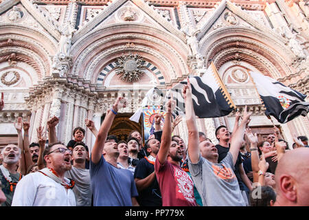 Siena, Siena, Italien. 16 Aug, 2018. Unterstützer der Contrada Lupa gesehen feiern den Sieg während der Pferderennen. Jockey Giuseppe Zedde Gingillo genannt, der Contrada Lupa, gewinnt das historische Pferderennen Palio di Siena 2018. Racers konkurrieren auf dem Pferd zweimal im Jahr bei diesem Rennen. Credit: Cosimo Martemucci/SOPA Images/ZUMA Draht/Alamy leben Nachrichten Stockfoto