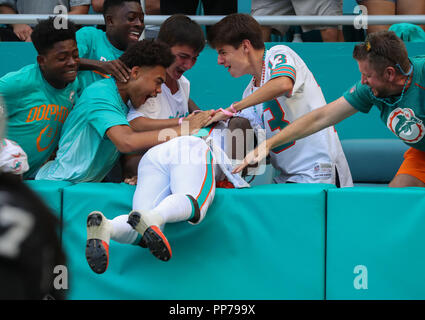 Miami Gardens, Florida, USA. 23 Sep, 2018. Miami Dolphins wide receiver Jakeem Grant (19) springt in den Ständer mit den Delphinen 'Fans seinen Touchdown im vierten Quartal bei einem NFL Football Spiel zwischen den Oakland Raiders und die Miami Dolphins im Hard Rock Stadion in Miami Gardens, Florida zu feiern. Credit: Mario Houben/ZUMA Draht/Alamy leben Nachrichten Stockfoto