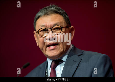 Liverpool, Großbritannien. 24 Sep, 2018. Sonny Leong CBE der Chinesischen für Arbeit spricht von der Labour Party, Konferenz in Liverpool. Quelle: Russell Hart/Alamy leben Nachrichten Stockfoto