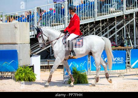 Tryon North Carolina, USA. 23. September, 2018. Max Kuhner, Chardonnay. AUT. FEI World einzelnen Springen Meisterschaft. Springen. Tag 12. World Equestrian Games. WEG 2018 Tryon. North Carolina. USA. 23.09.2018. Credit: Sport in Bildern/Alamy leben Nachrichten Stockfoto