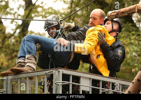Manheim, Deutschland. 24. September, 2018. 24. September 2018, Nordrhein-Westfalen, Manheim: im Hambacher Forst, ein Demonstrant wird von der Polizei ein Seil gehängt. Die Behörden weiterhin die Evakuierung des Tree Houses der Aktivisten. Nach dem NRW-Ministerium des Innern, die erste Vertreibung Bestellungen wurden am Montag nach einem Moratorium über mehrere Tage ausgestellt. Foto: David Young/dpa Quelle: dpa Picture alliance/Alamy leben Nachrichten Stockfoto