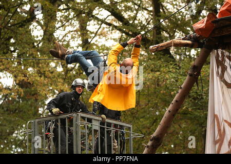 Manheim, Deutschland. 24. September, 2018. 24. September 2018, Nordrhein-Westfalen, Manheim: im Hambacher Forst, ein Demonstrant wird von der Polizei ein Seil gehängt. Die Behörden weiterhin die Evakuierung des Tree Houses der Aktivisten. Nach dem NRW-Ministerium des Innern, die erste Vertreibung Bestellungen wurden am Montag nach einem Moratorium über mehrere Tage ausgestellt. Foto: David Young/dpa Quelle: dpa Picture alliance/Alamy leben Nachrichten Stockfoto